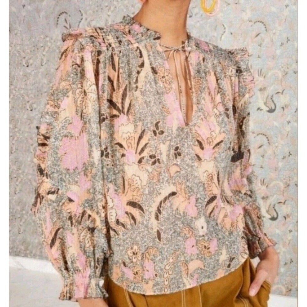 Ulla Johnson Silk Lara Birds of Paradise Ivory Pink Long Sleeve Blouse Size 2